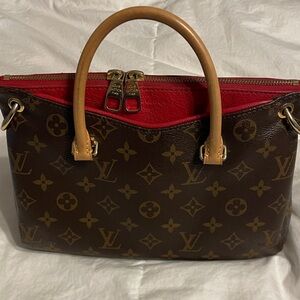 Louis Vuitton Brown Monogram Satchel with Red Accent and Tan Handles